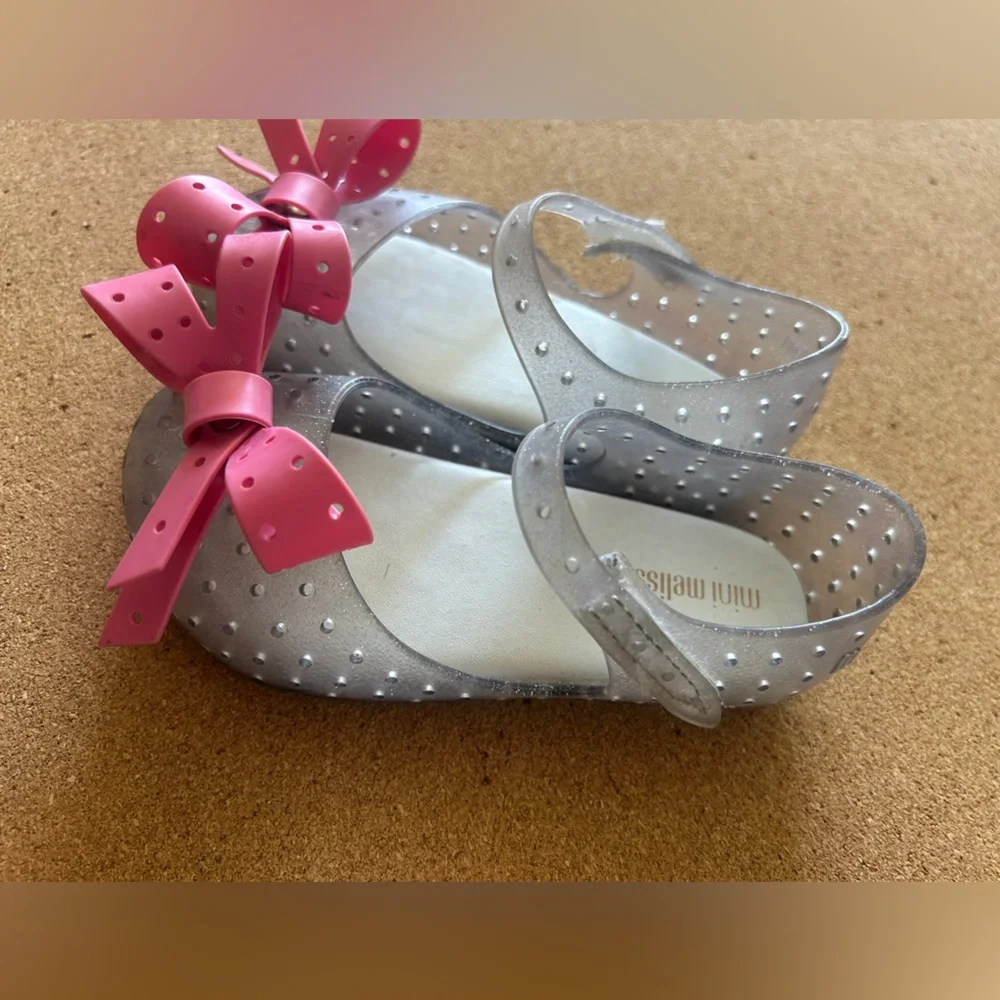 Mini Melissa Clear Silver Ultra Girl Sandals with Pink Bow – Toddler Size 9 - Picture 5 of 6